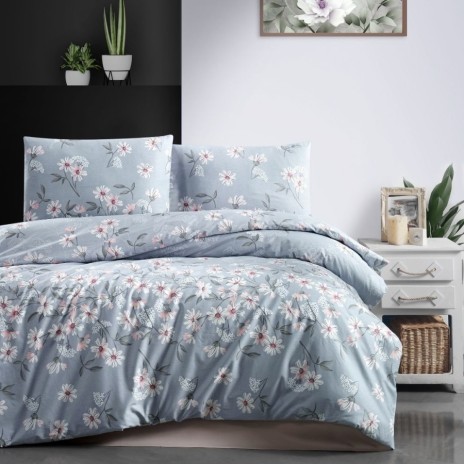 Lenjerie pat dublu bumbac 100% ranforce Nevada Blue cu imprimeu floral alb/roz