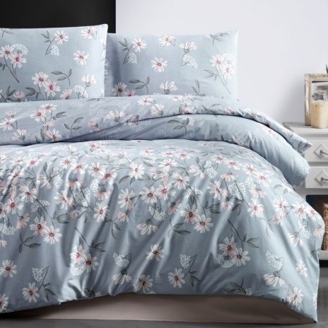 Lenjerie pat dublu bumbac 100% ranforce Nevada Blue cu imprimeu floral alb/roz