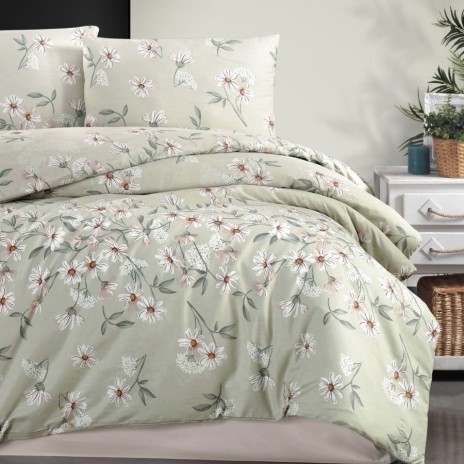 Lenjerie pat dublu bumbac 100% ranforce Nevada verde cu imprimeu floral alb/roz