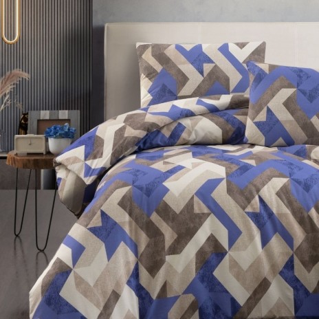 Lenjerie pat dublu bumbac 100% ranforce Rayce Bej model geometric in nuante de bej, gri si albastru