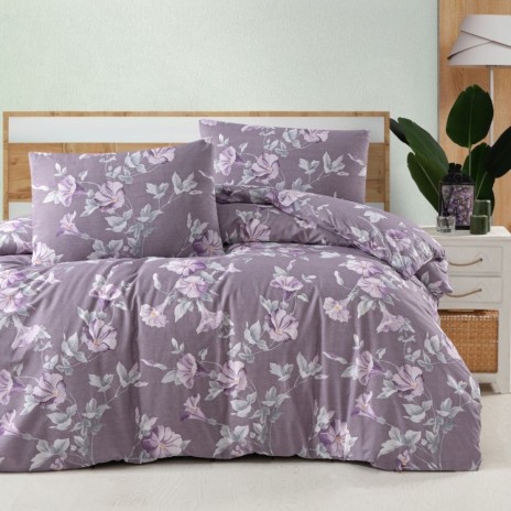 Lenjerie pat dublu bumbac 100% ranforce Santino Purple cu flori pe fundal mov