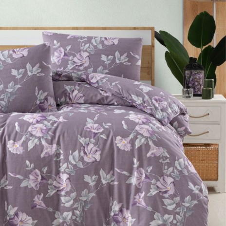 Lenjerie pat dublu bumbac 100% ranforce Santino Purple cu flori pe fundal mov