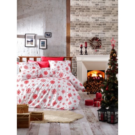 Lenjerie pat 1 persoana Craciun bumbac 100% ranforce, Nazenin Home, Snow red