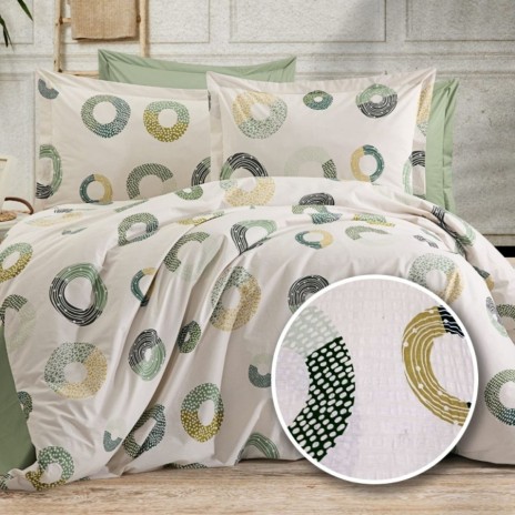 Lenjerie de pat dublu alba din bumbac 100% creponata 6 piese, model Cercuri verzi