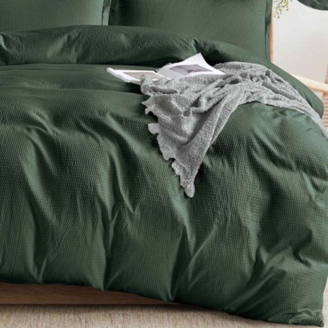 Lenjerie pat dublu creponata, verde, policoton, set 6 piese
