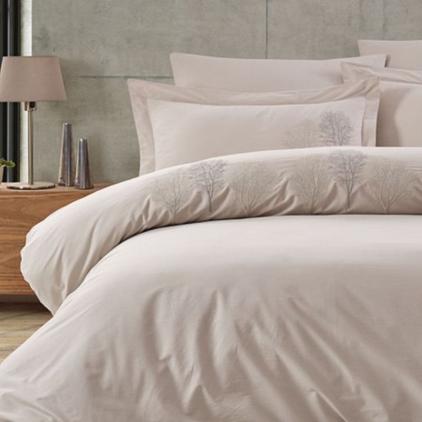 Lenjerie pat dublu cu broderie Hazan bej bumbac 100% ranforce prespalat Bahar Tekstil