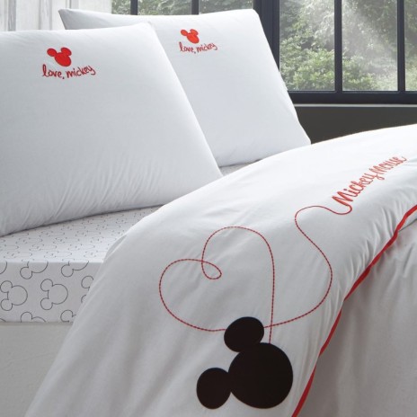 Set lenjerie de pat alb și roșu cu Mickey Mouse, bumbac 100% Ranforce, cu broderie și aplicații