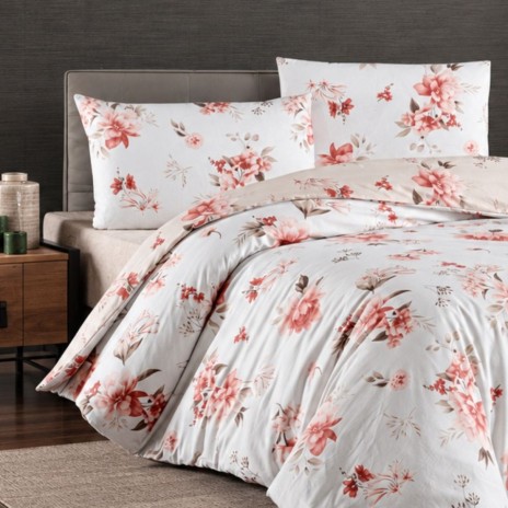 Lenjerie pat Eliza Mink First Choice din bumbac ranforce cu elastic si imprimeu floral roz corai pe fundal alb