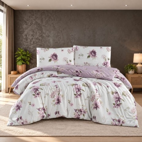 Lenjerie pat Eliza Violet First Choice bumbac 100% ranforce cu flori lila si violet pe fundal alb