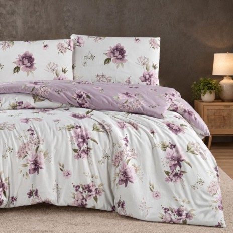 Lenjerie pat Eliza Violet First Choice bumbac 100% ranforce cu flori lila si violet pe fundal alb