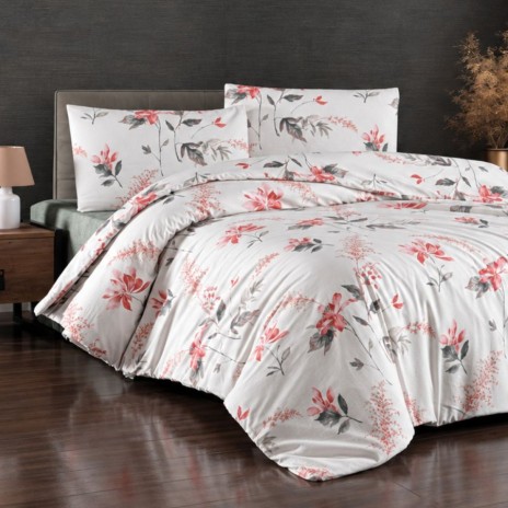 Lenjerie pat Karen Berry First Choice din bumbac 100% ranforce cu elastic si imprimeu floral roz corai pe fundal alb