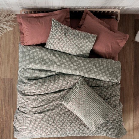 Lenjerie pat dublu cu elastic Cotton Box Mote Tile Red bumbac ranforce model geometric în nuante naturale