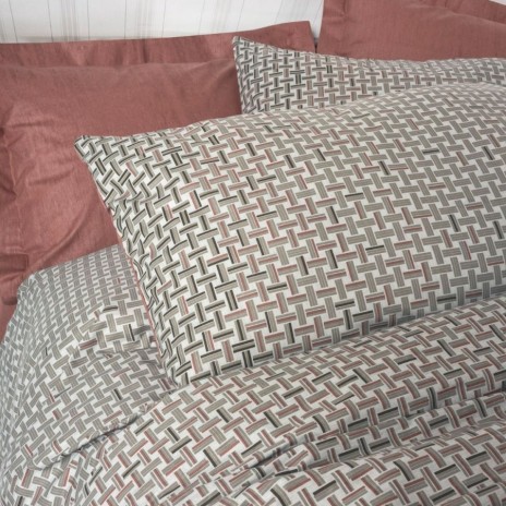 Lenjerie pat dublu cu elastic Cotton Box Mote Tile Red bumbac ranforce model geometric în nuante naturale