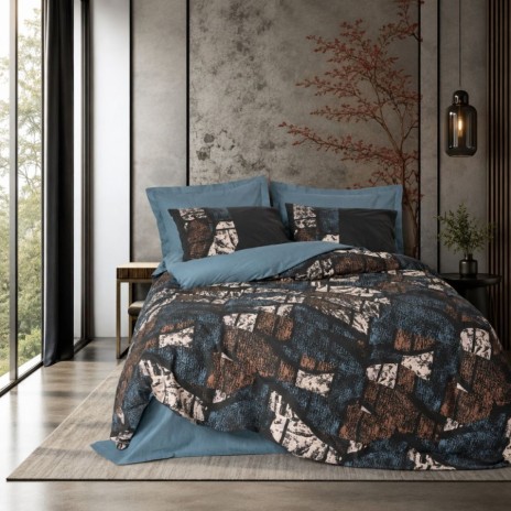 Lenjerie pat dublu Senso Verde Petrol bumbac ranforce cu design abstract, modern si natural pentru dormitor.