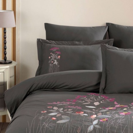 Lenjerie pat dublu poplin fin cu broderie florala Emilia Gri