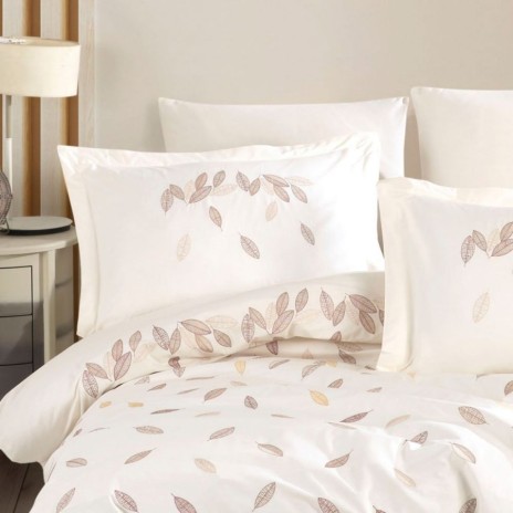 lenjerie pat dublu poplin fin cu broderie frunze Lidia crem