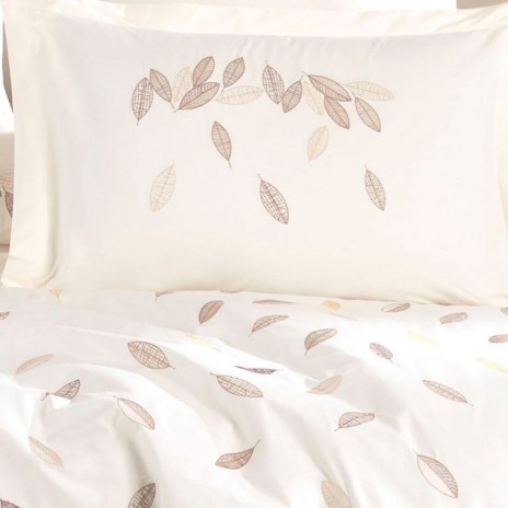 lenjerie pat dublu poplin fin cu broderie frunze Lidia crem