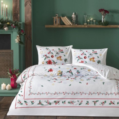 Lenjerie de pat din bumbac 100% ranforce, fosforescenta, model Charm cu motive de Craciun - globuri, steluțe și crenguțe de ilex