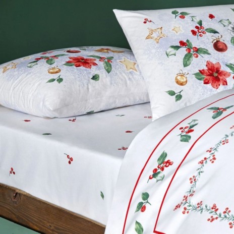 Lenjerie de pat din bumbac 100% ranforce, fosforescenta, model Charm cu motive de Craciun - globuri, steluțe și crenguțe de ilex