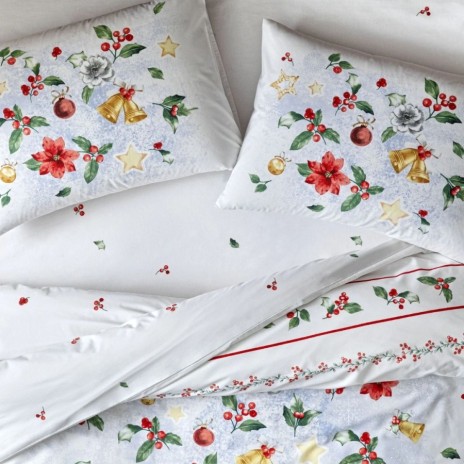 Lenjerie de pat din bumbac 100% ranforce, fosforescenta, model Charm cu motive de Craciun - globuri, steluțe și crenguțe de ilex