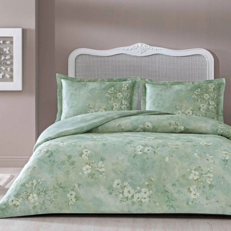 Lenjerie pat dublu TAC Lumine Mako Satin verde salvie cu flori albe delicate ramuri fine si frunze pale
