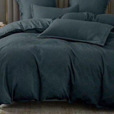 Lenjerie pat dublu negru cu tesatura jacquard si cearceaf uni, set 6 piese din policoton