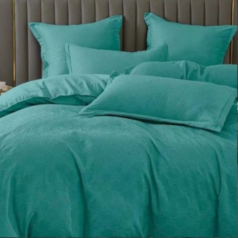 Lenjerie pat dublu turcoaz cu tesatura jacquard si cearceaf uni, set 6 piese din policoton