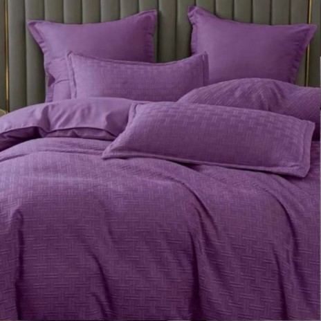 Lenjerie pat dublu mov, model jacquard, policoton, 6 piese, cearsaf elastic, fete de perna si cearsaf uni