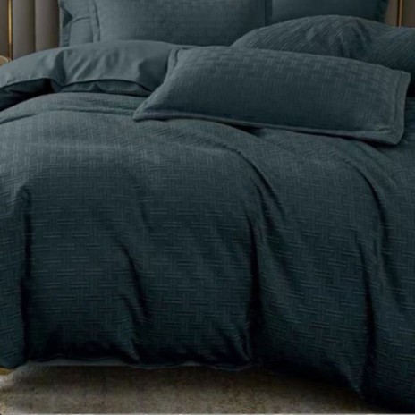 Lenjerie de pat dublu neagra natur uni, model geometric in tesatura jacquard, 6 piese