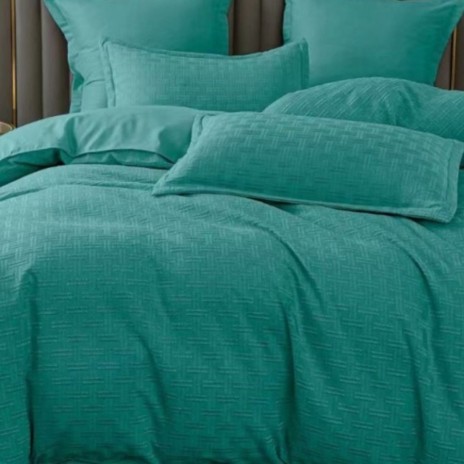 Lenjerie de pat dublu turcoaz natur uni, model geometric in tesatura jacquard, 6 piese