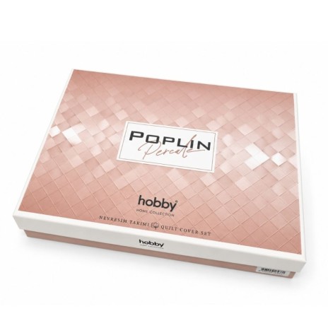 Lenjerie pat dublu Penny coral Hobby Home poplin percale cu imprimeu floral abstract coral si portocaliu