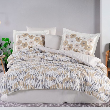Lenjerie pat dublu Penny stone Hobby Home poplin percale model floral abstract bej gri crem