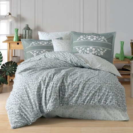 Lenjerie de pat dublu din poplin percale Hobby Home Sofia Green cu imprimeu floral verde și alb