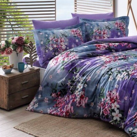 Lenjerie pat satin Tac Digital Dafne mov cu flori 200x220