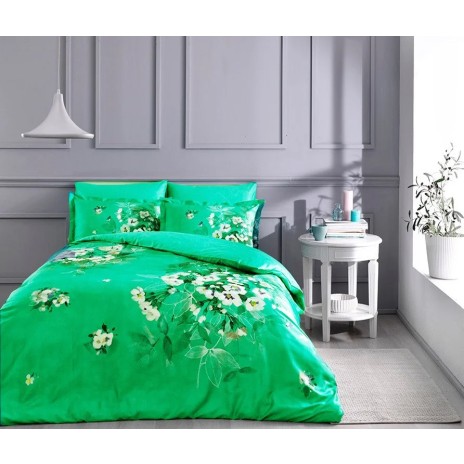 Lenjerie de pat TAC Digital Avin din bumbac satin cu flori verde și alb