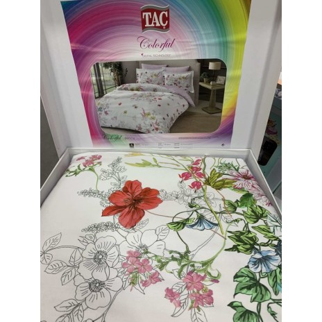 Lenjerie de pat albă din bumbac satinat cu flori colorate și frunze verzi, set TAC
