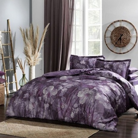 Lenjerie de pat TAC Boeme Mov cu imprimeu floral digital mov și violet pe bumbac 100% satinat mercerizat, include cearceaf de pat, husă de pilotă și fețe de pernă