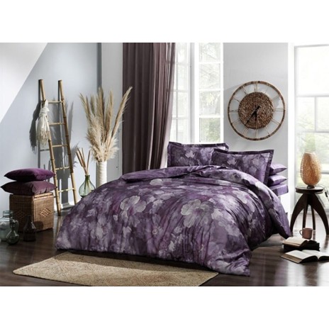 Lenjerie pat dublu satin 6 piese Digital Boeme Mor, King Size, Linens