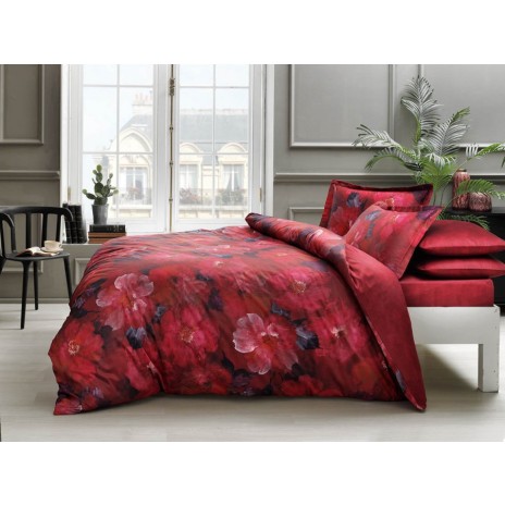 Lenjerie de pat Boeme TAC din bumbac satinat cu imprimeu floral roșu intens