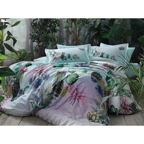 Lenjerie de pat dublu din satin cu imprimeu digital cactus, 6 piese