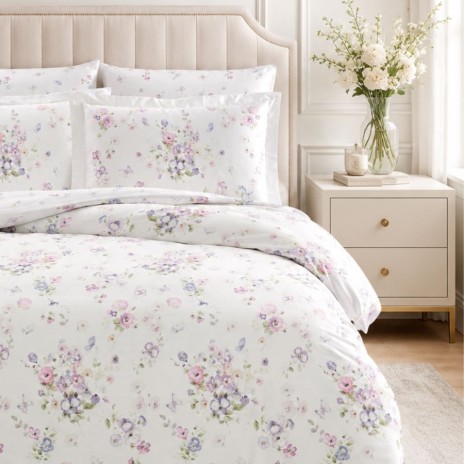lenjerie pat dublu satin TAC Claudine cu imprimeu floral pastelat, flori roz, mov, bleu si fluturi pe fundal alb