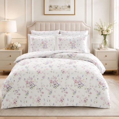 lenjerie pat dublu satin TAC Claudine cu imprimeu floral pastelat, flori roz, mov, bleu si fluturi pe fundal alb