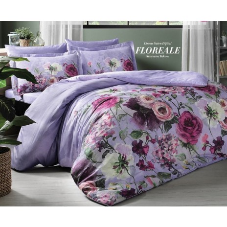 Lenjerie de pat Floreale mov cu imprimeu digital cu flori, din bumbac satinat 100%, set de 6 piese
