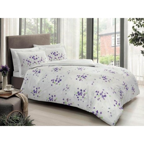 Lenjerie de pat albă Gileza din satin de bumbac cu flori violet și mov și frunze verzi, set elegant TAC
