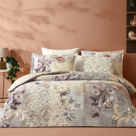 Lenjerie pat dublu satin 6 piese TAC DELUX Digital Glaum floral elegant bej vizon