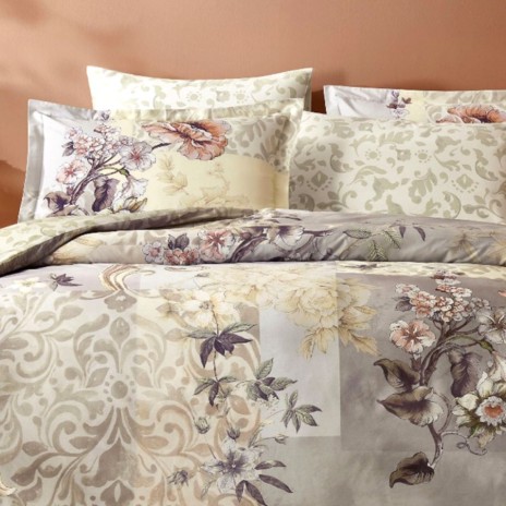 Lenjerie pat dublu satin 6 piese TAC DELUX Digital Glaum floral elegant bej vizon
