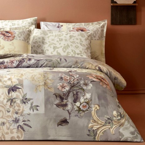 Lenjerie pat dublu satin 6 piese TAC DELUX Digital Glaum floral elegant bej vizon