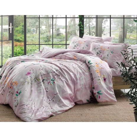 Lenjerie de pat Glenn roz cu imprimeu digital cu flori, din bumbac satinat 100%, set de 6 piese