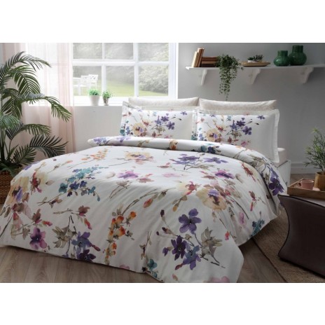 Lenjerie de pat dublu din satin alb, model Lizzo, cu imprimeu digital cu flori multicolore