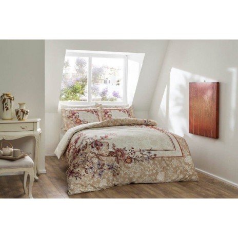 Lenjerie de pat Mariela cu imprimeu digital cu flori delicate, în nuanțe de crem și roșu, din bumbac satinat 100%, set de 6 piese